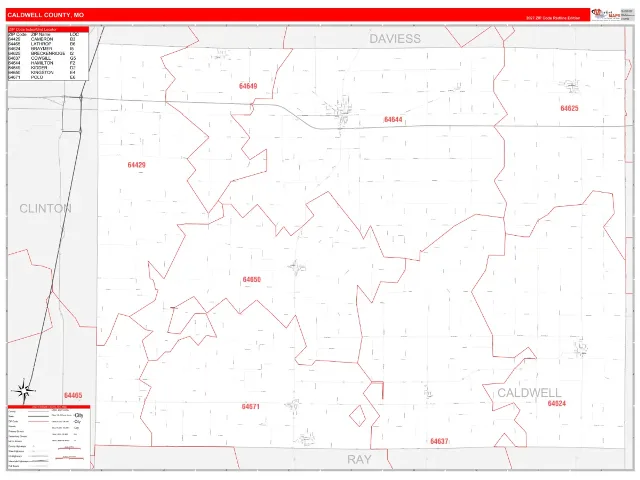 Caldwell County, MO ZIP Code Wall Map, RedLine style