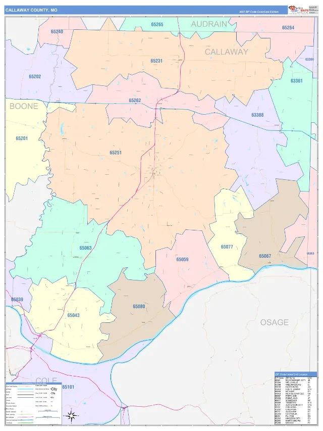 Callaway County, MO ZIP Code Wall Map, ColorCast style