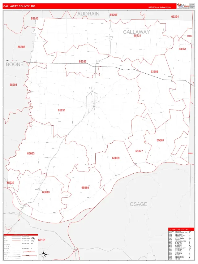 Callaway County, MO ZIP Code Wall Map, RedLine style