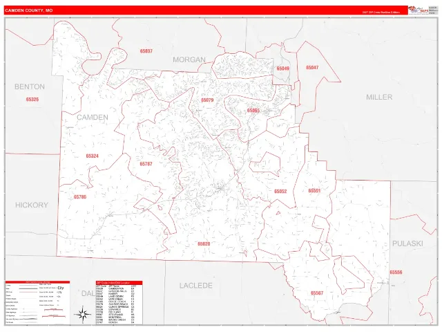 Camden County, MO ZIP Code Wall Map, RedLine style