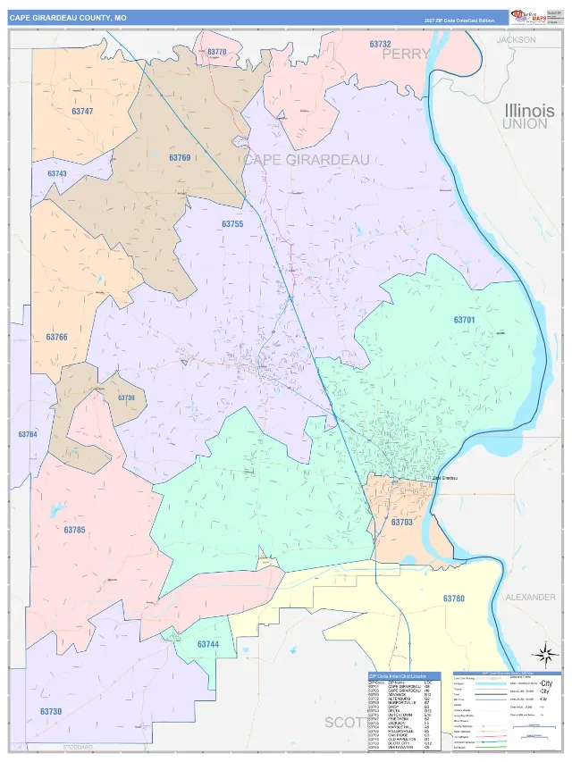 Cape Girardeau County, MO ZIP Code Wall Map, ColorCast style