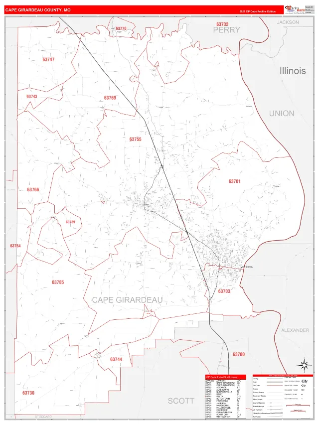 Cape Girardeau County, MO ZIP Code Wall Map, RedLine style