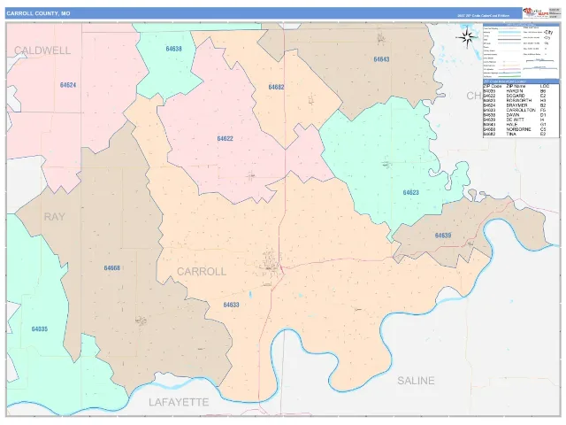 Carroll County, MO ZIP Code Wall Map, ColorCast style