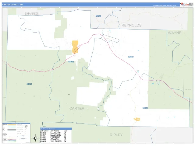 Carter County, MO ZIP Code Wall Map, Business Reference style