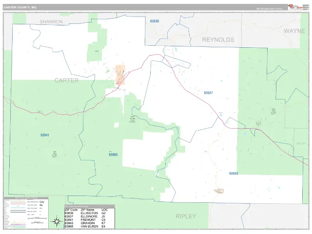 Carter County, MO ZIP Code Wall Map, Classic style