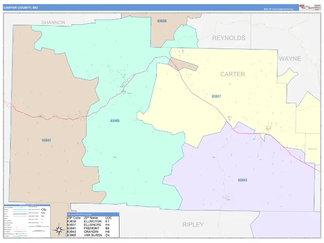 Carter County, MO ZIP Code Wall Map, ColorCast style