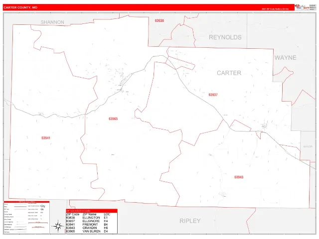 Carter County, MO ZIP Code Wall Map, RedLine style
