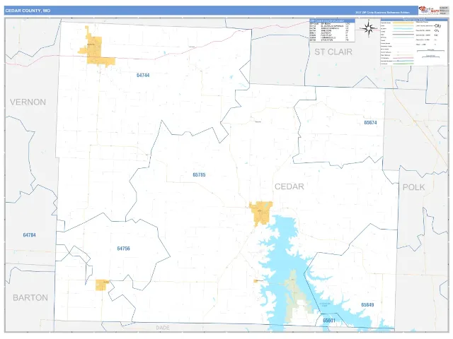 Cedar County, MO ZIP Code Wall Map, Business Reference style