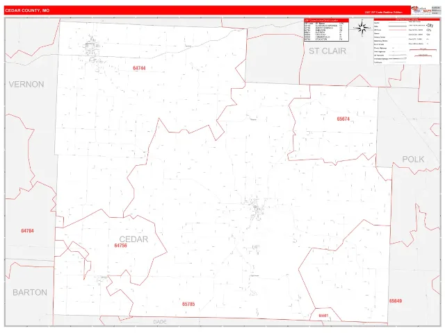 Cedar County, MO ZIP Code Wall Map, RedLine style