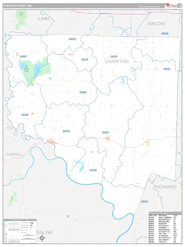Chariton County, MO ZIP Code Wall Map, Classic style