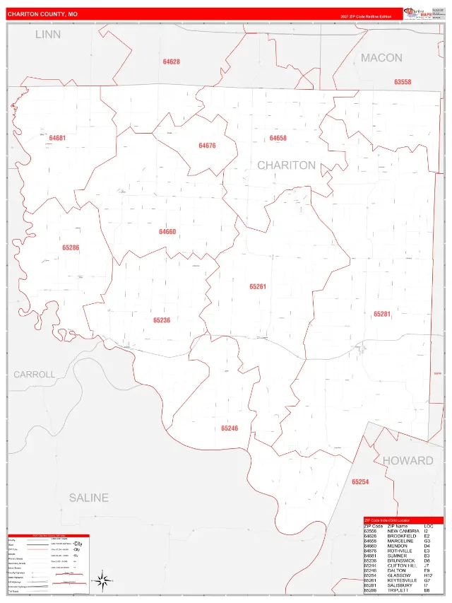 Chariton County, MO ZIP Code Wall Map, RedLine style