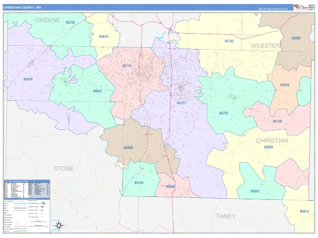 Christian County, MO ZIP Code Wall Map, ColorCast style