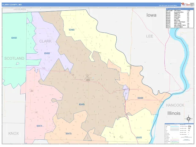 Clark County, MO ZIP Code Wall Map, ColorCast style