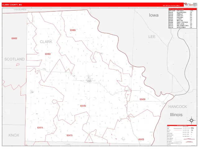 Clark County, MO ZIP Code Wall Map, RedLine style