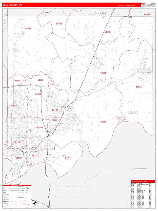 Clay County, MO ZIP Code Wall Map, RedLine style