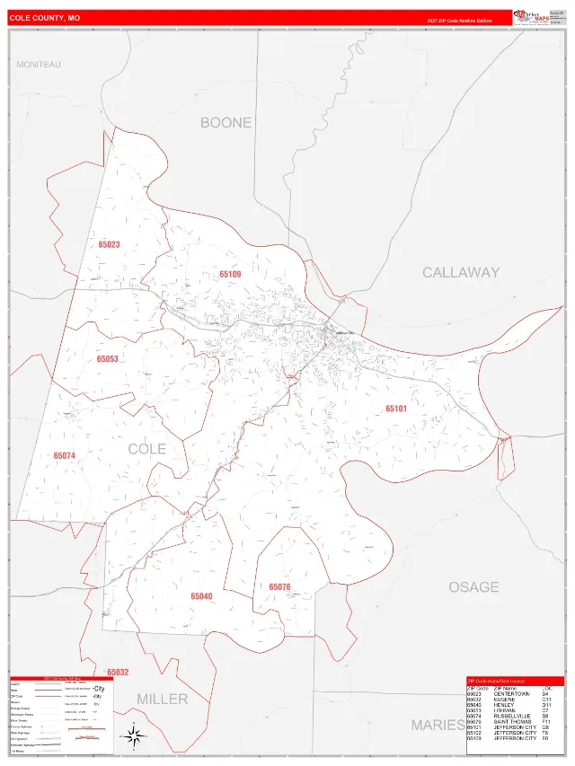 Cole County, MO ZIP Code Wall Map, RedLine style