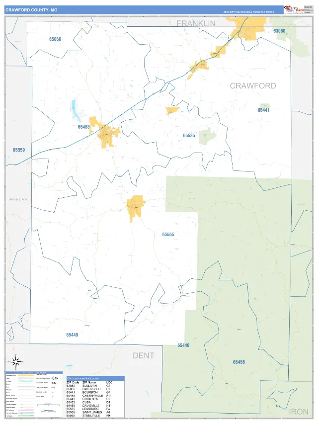 Crawford County, MO ZIP Code Wall Map, Business Reference style