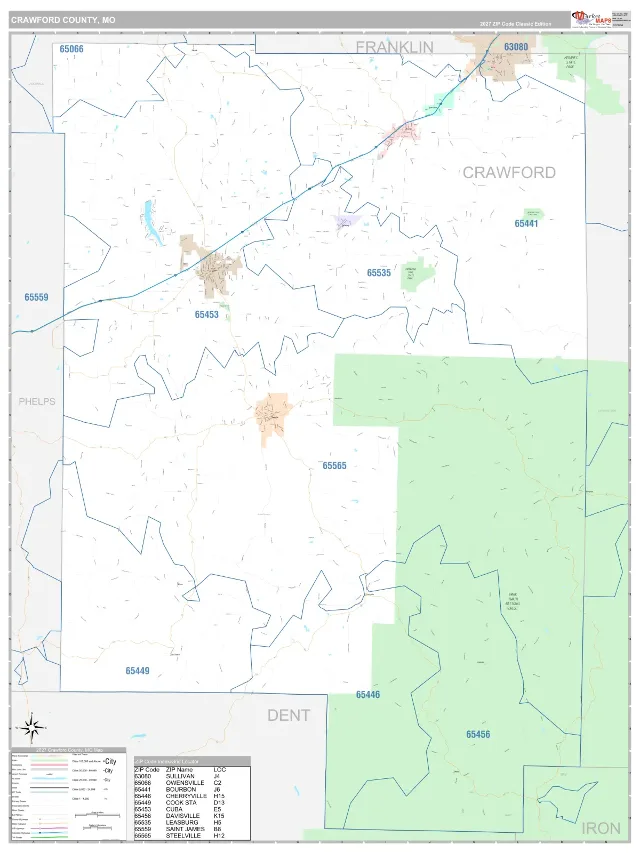 Crawford County, MO ZIP Code Wall Map, Classic style