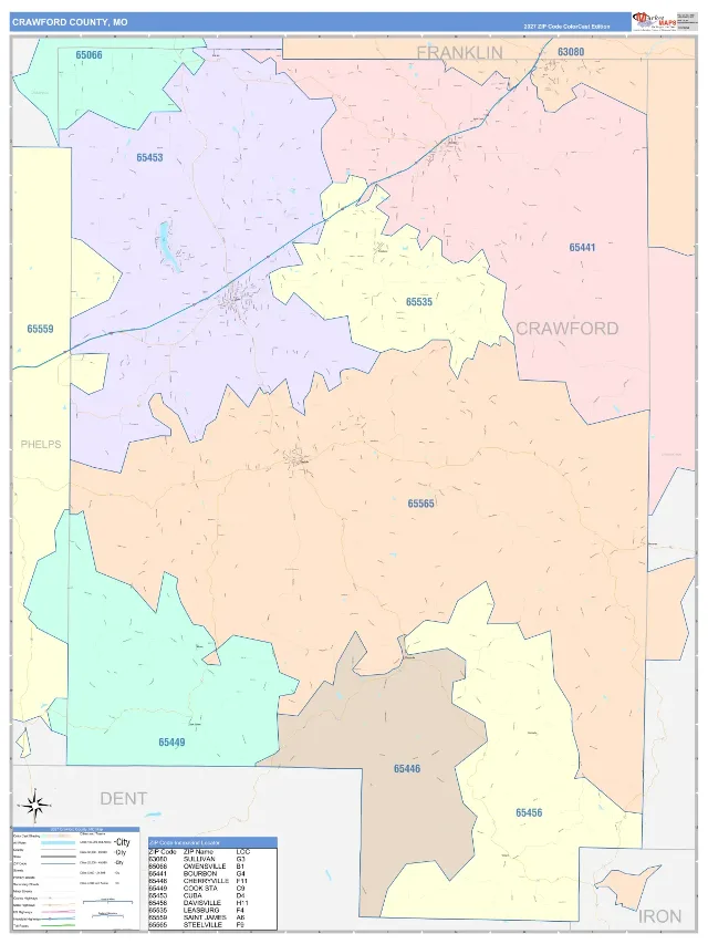 Crawford County, MO ZIP Code Wall Map, ColorCast style