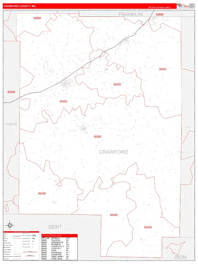 Crawford County, MO ZIP Code Wall Map, RedLine style
