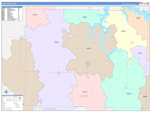 Dade County, MO ZIP Code Wall Map, ColorCast style