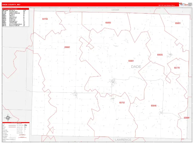 Dade County, MO ZIP Code Wall Map, RedLine style