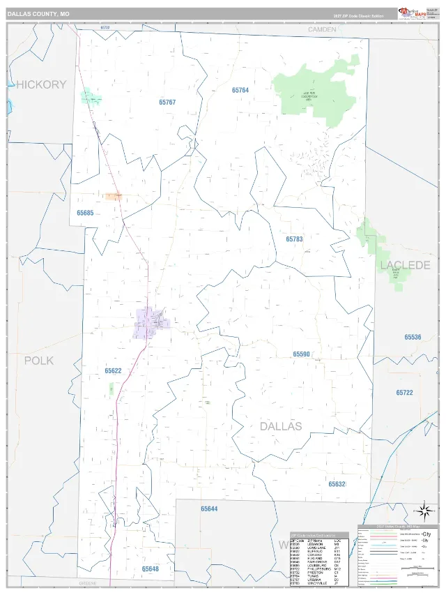 Dallas County, MO ZIP Code Wall Map, Classic style