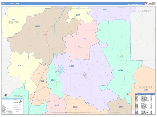Daviess County, MO ZIP Code Wall Map, ColorCast style
