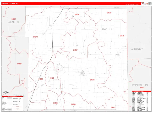 Daviess County, MO ZIP Code Wall Map, RedLine style