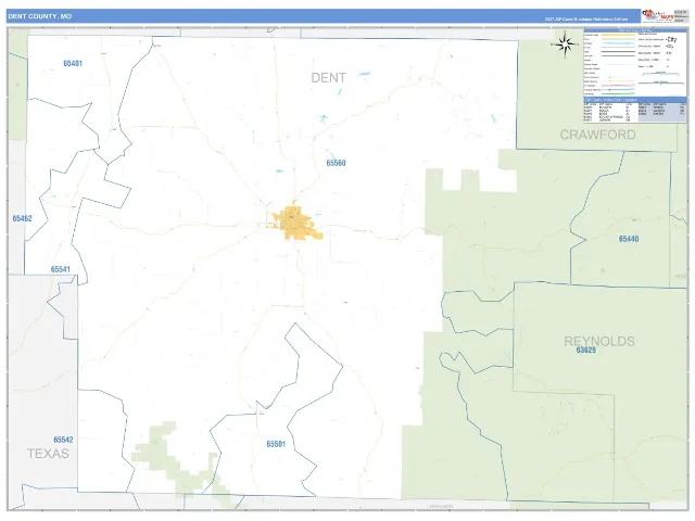 Dent County, MO ZIP Code Wall Map, Business Reference style