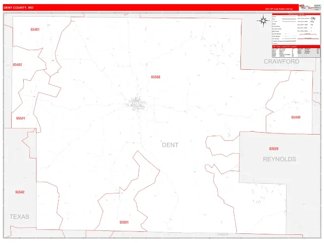 Dent County, MO ZIP Code Wall Map, RedLine style