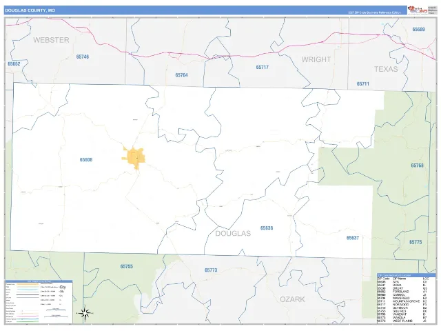 Douglas County, MO ZIP Code Wall Map, Business Reference style
