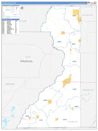 Dunklin County, MO Business Reference style ZIP Code wall map