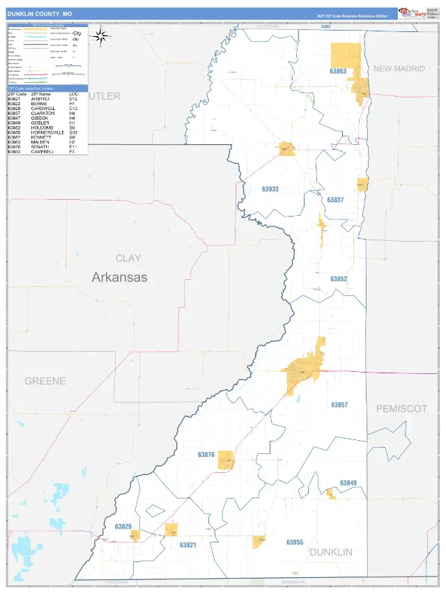 Dunklin County, MO ZIP Code Wall Map, Business Reference style