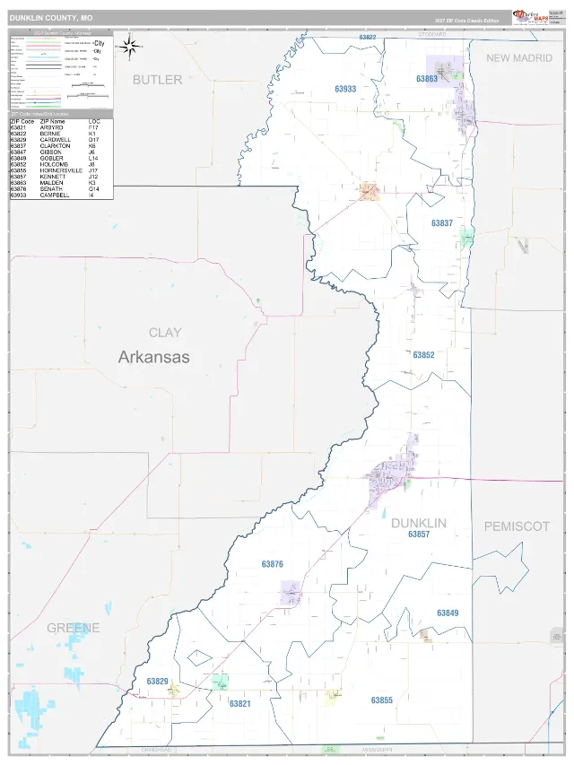 Dunklin County, MO ZIP Code Wall Map, Classic style