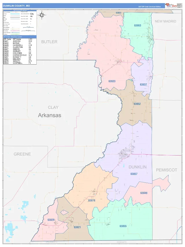 Dunklin County, MO ZIP Code Wall Map, ColorCast style