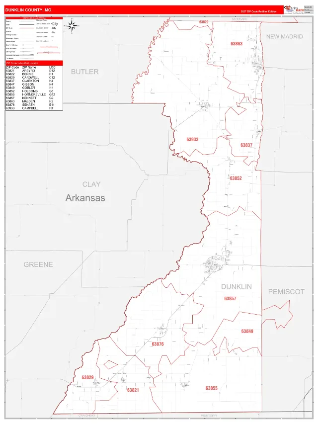 Dunklin County, MO ZIP Code Wall Map, RedLine style