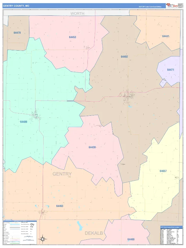 Gentry County, MO ZIP Code Wall Map, ColorCast style