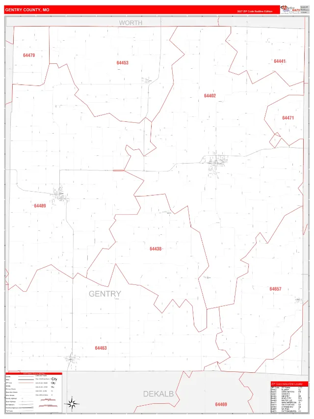 Gentry County, MO ZIP Code Wall Map, RedLine style