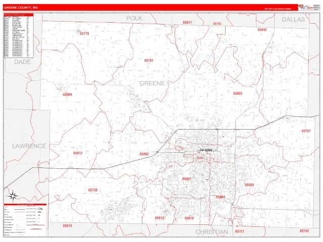 Greene County, MO ZIP Code Wall Map, RedLine style