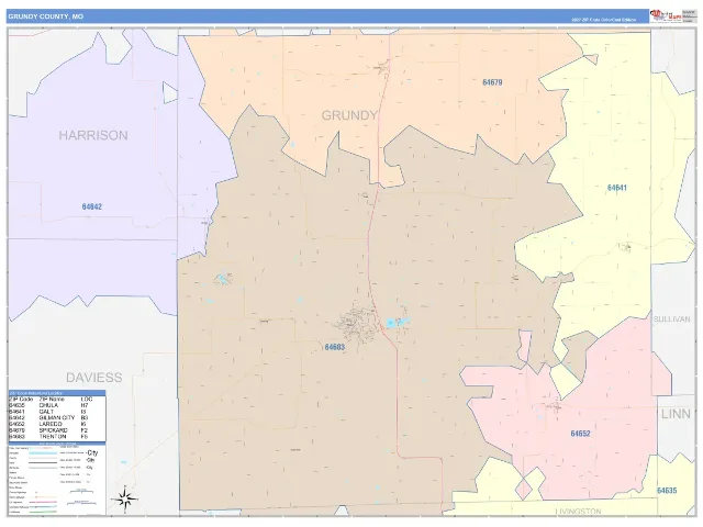Grundy County, MO ZIP Code Wall Map, ColorCast style
