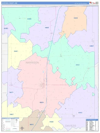 Harrison County, MO ColorCast style ZIP Code wall map