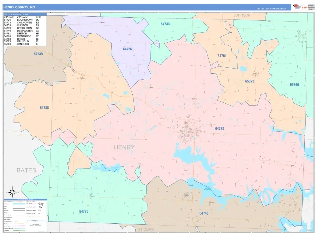 Henry County, MO ZIP Code Wall Map, ColorCast style