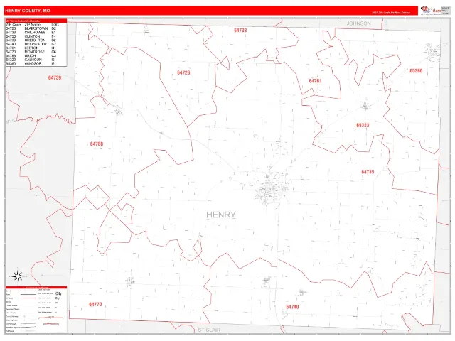 Henry County, MO ZIP Code Wall Map, RedLine style