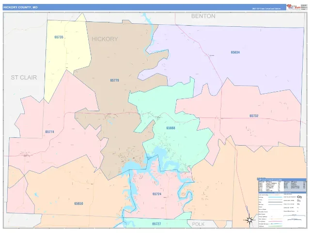 Hickory County, MO ZIP Code Wall Map, ColorCast style