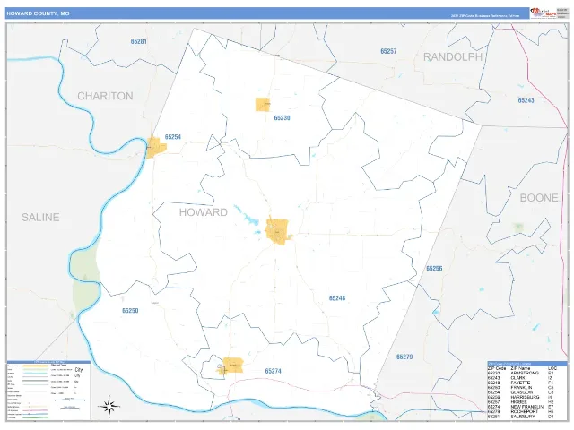 Howard County, MO ZIP Code Wall Map, Business Reference style
