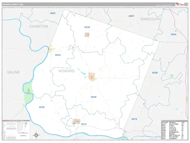 Howard County, MO ZIP Code Wall Map, Classic style