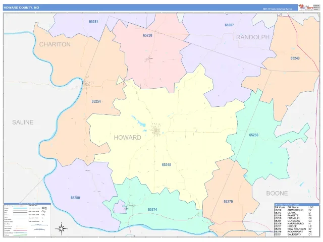 Howard County, MO ZIP Code Wall Map, ColorCast style