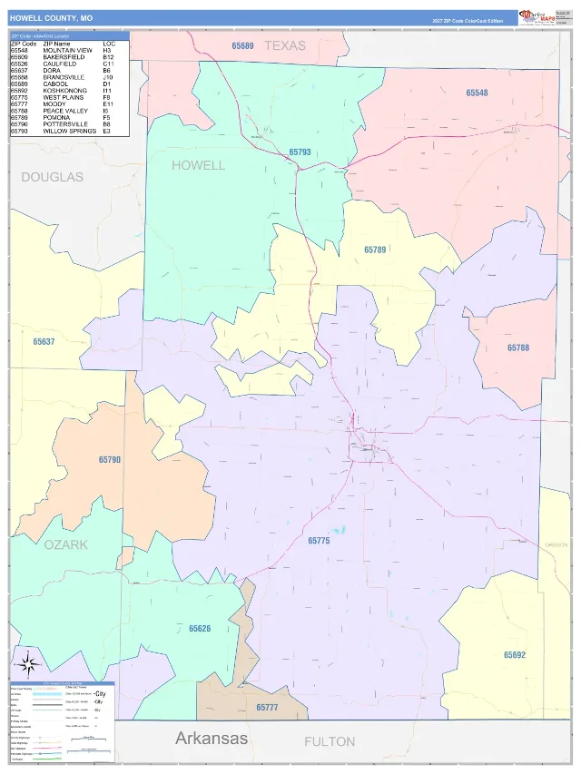 Howell County, MO ZIP Code Wall Map, ColorCast style