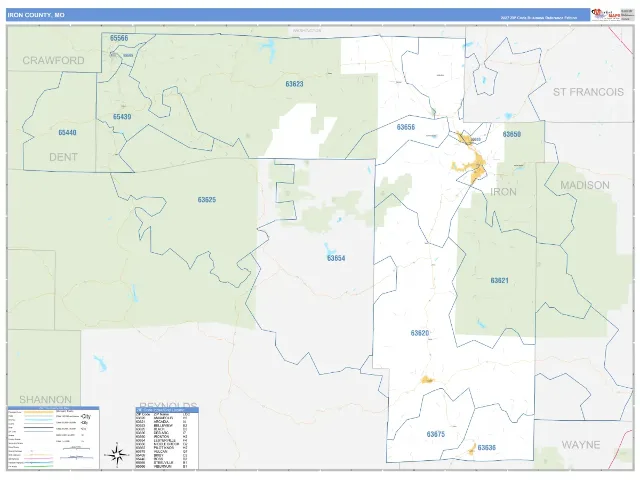 Iron County, MO ZIP Code Wall Map, Business Reference style